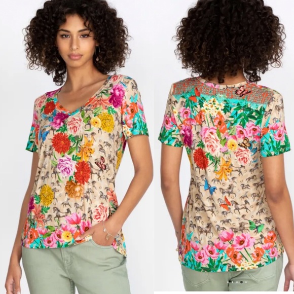 Johnny Was Tops Nwt Johnny Was Lace Garden Printed Favorite Tshirt